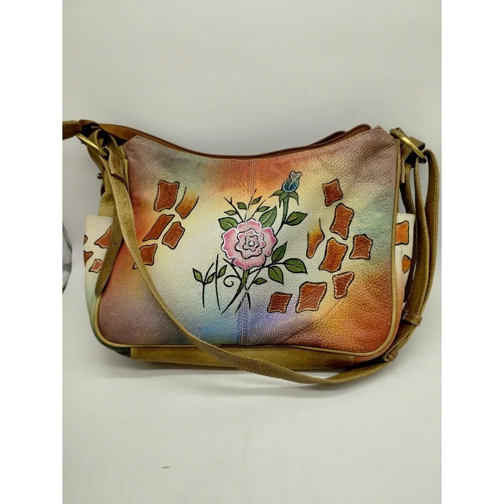 Floral Hobo bag Great Am. Leatherworks Hand painted adjustable shoulder strap